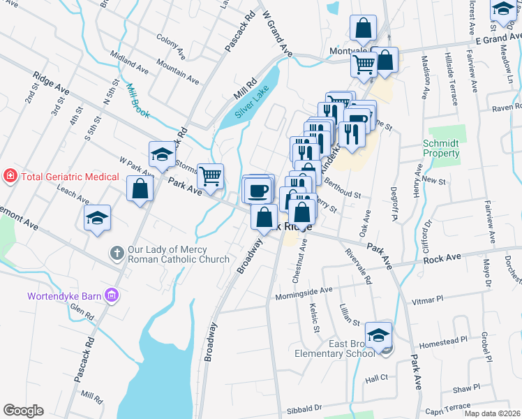map of restaurants, bars, coffee shops, grocery stores, and more near 1A South Maple Avenue in Park Ridge