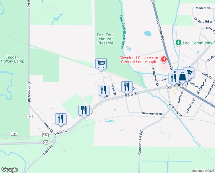 map of restaurants, bars, coffee shops, grocery stores, and more near 103 Ohio Street in Lodi