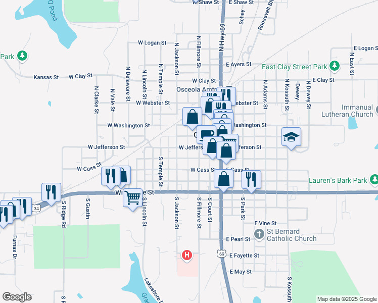 map of restaurants, bars, coffee shops, grocery stores, and more near 222 South Fillmore Street in Osceola