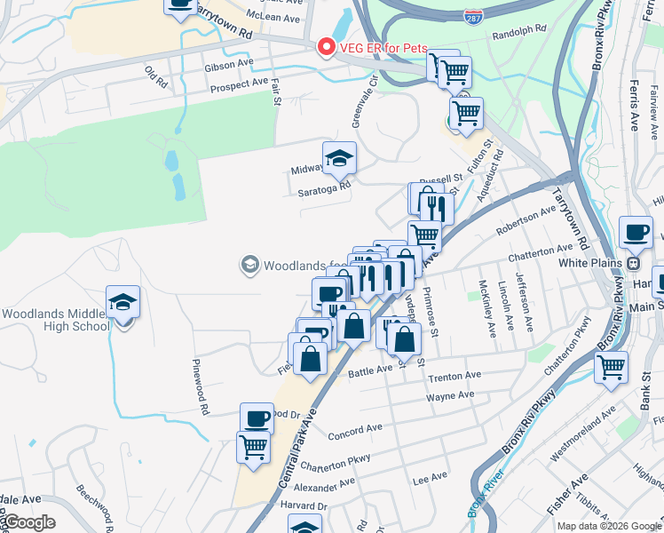 map of restaurants, bars, coffee shops, grocery stores, and more near 200 High Point Drive in Hartsdale