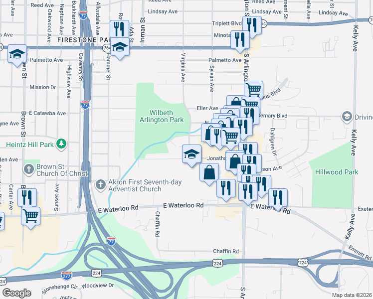 map of restaurants, bars, coffee shops, grocery stores, and more near 889 Jonathan Avenue in Akron