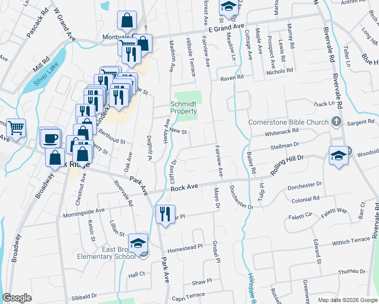 map of restaurants, bars, coffee shops, grocery stores, and more near 4 Lorraine Drive in Park Ridge