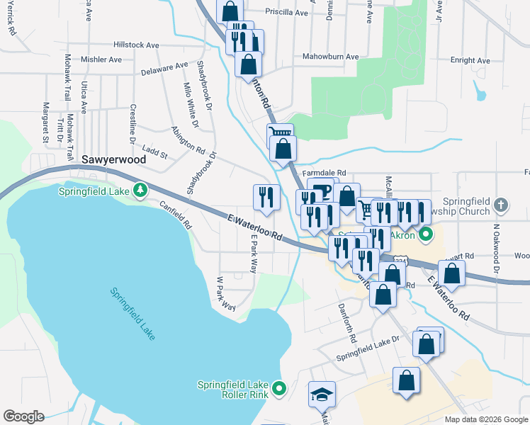 map of restaurants, bars, coffee shops, grocery stores, and more near 1303 Shanafelt Avenue in Akron