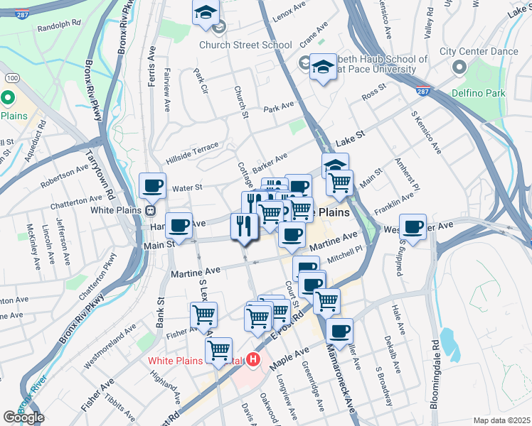 map of restaurants, bars, coffee shops, grocery stores, and more near in White Plains