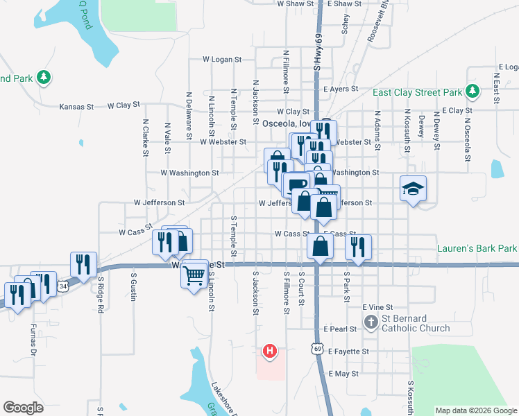map of restaurants, bars, coffee shops, grocery stores, and more near 217 South Jackson Street in Osceola