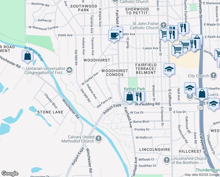 map of restaurants, bars, coffee shops, grocery stores, and more near 5625 Woodhurst Boulevard in Fort Wayne