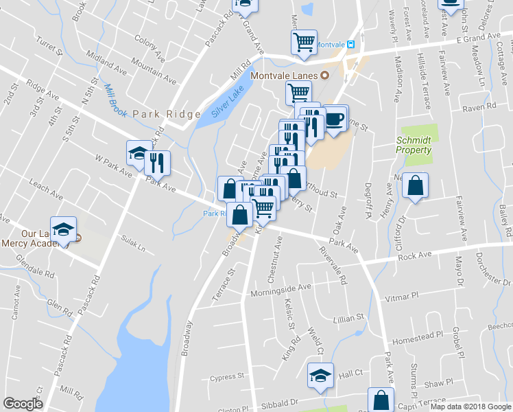 map of restaurants, bars, coffee shops, grocery stores, and more near 86 Madison Avenue in Park Ridge