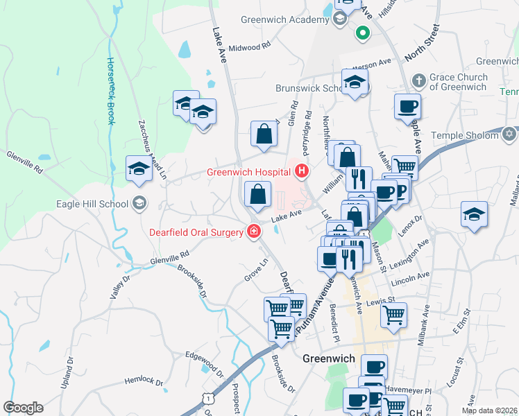 map of restaurants, bars, coffee shops, grocery stores, and more near 35 Rockview Drive in Greenwich