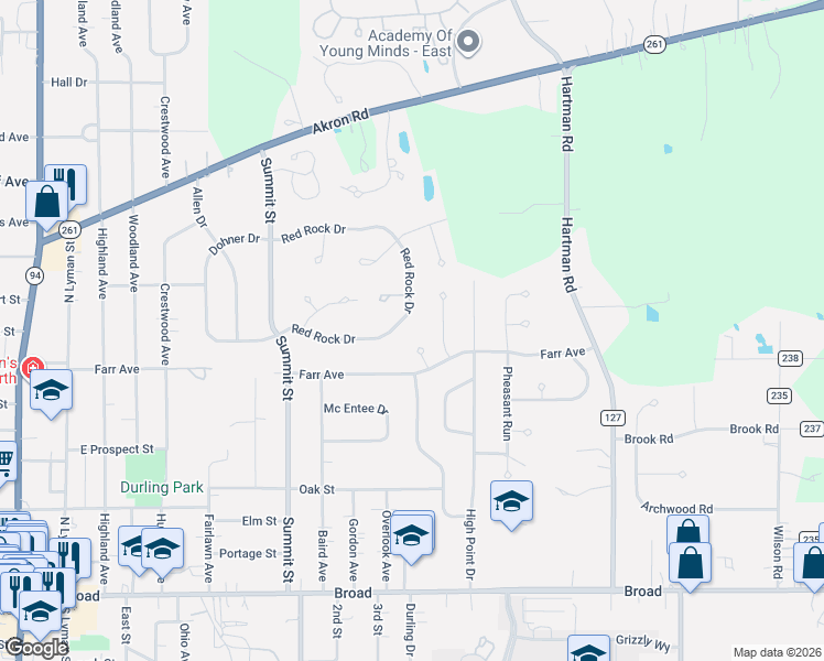 map of restaurants, bars, coffee shops, grocery stores, and more near 519 Red Rock Drive in Wadsworth