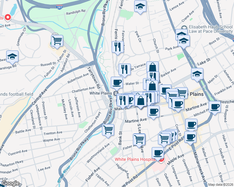 map of restaurants, bars, coffee shops, grocery stores, and more near 16 Ferris Avenue in White Plains