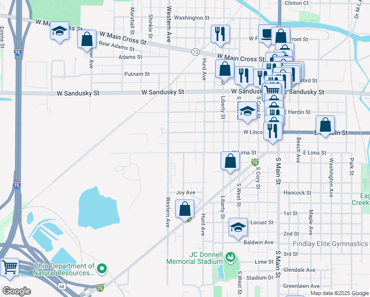 map of restaurants, bars, coffee shops, grocery stores, and more near 536 West Lima Street in Findlay