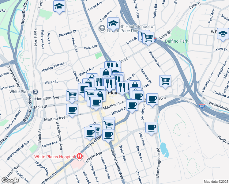 map of restaurants, bars, coffee shops, grocery stores, and more near One North Broadway in White Plains