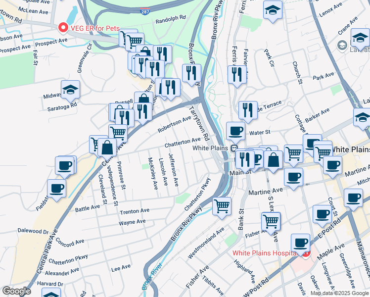 map of restaurants, bars, coffee shops, grocery stores, and more near 98 Harding Avenue in White Plains