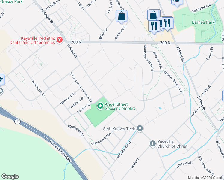 map of restaurants, bars, coffee shops, grocery stores, and more near 1767 West 75 South in Kaysville