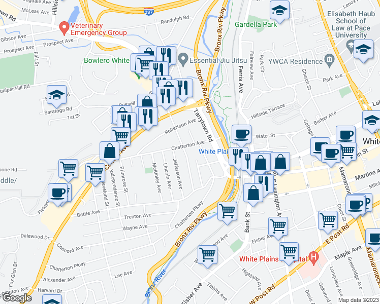 map of restaurants, bars, coffee shops, grocery stores, and more near 30 Chatterton Avenue in White Plains