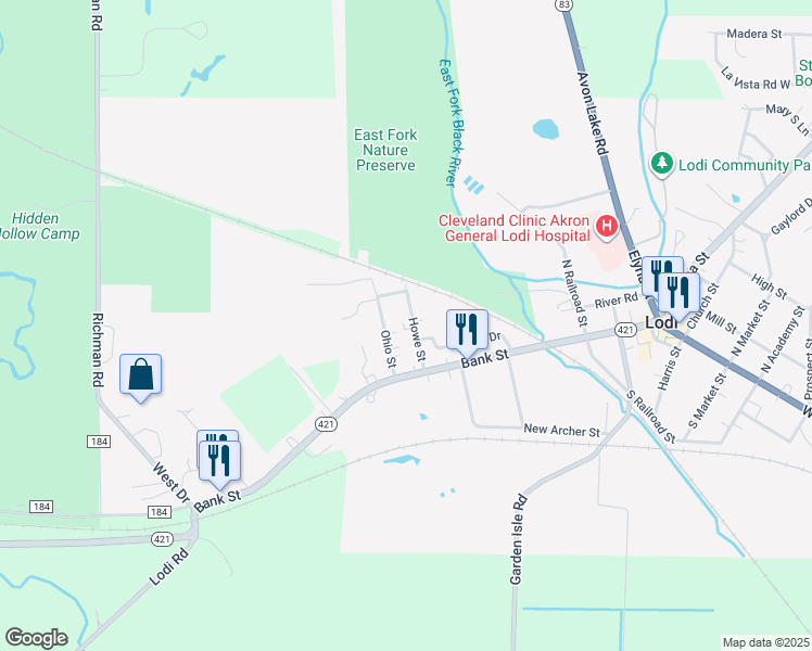map of restaurants, bars, coffee shops, grocery stores, and more near 122 Howe Street in Lodi