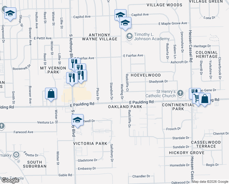 map of restaurants, bars, coffee shops, grocery stores, and more near 5605 Standish Drive in Fort Wayne