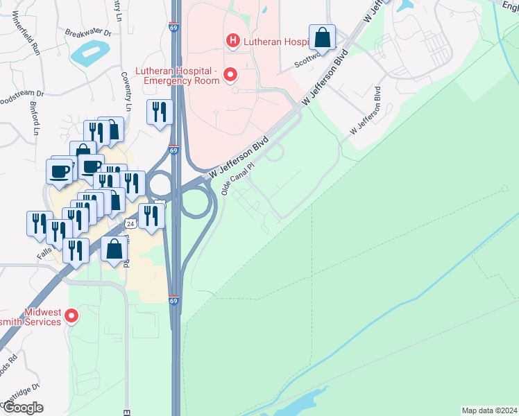 map of restaurants, bars, coffee shops, grocery stores, and more near 5730 Bittern Drive in Fort Wayne
