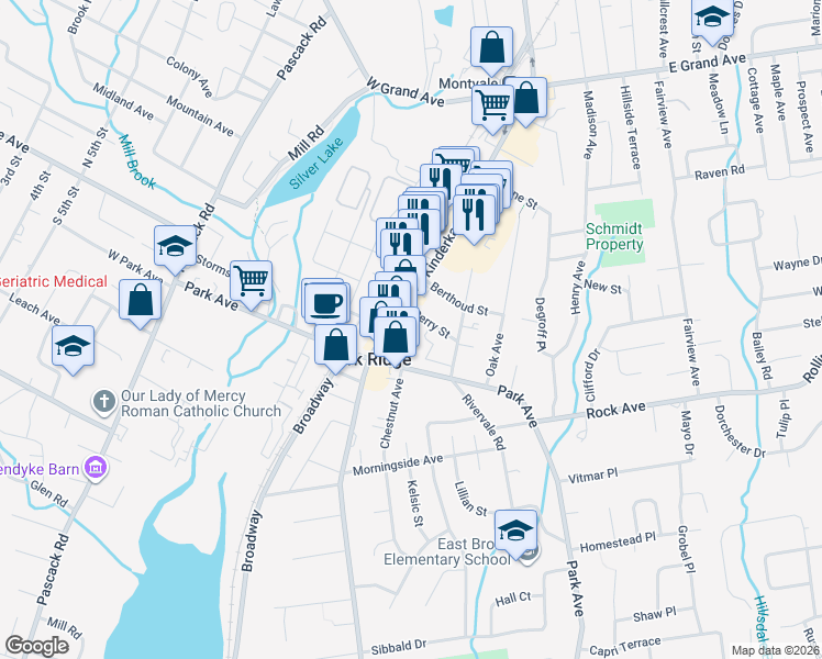 map of restaurants, bars, coffee shops, grocery stores, and more near 115 Perry Street in Park Ridge