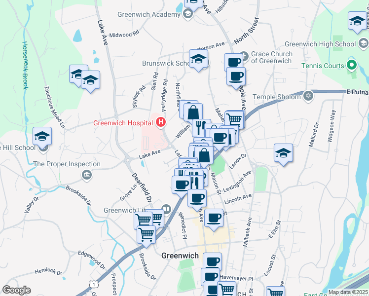 map of restaurants, bars, coffee shops, grocery stores, and more near 58 Church Street in Greenwich