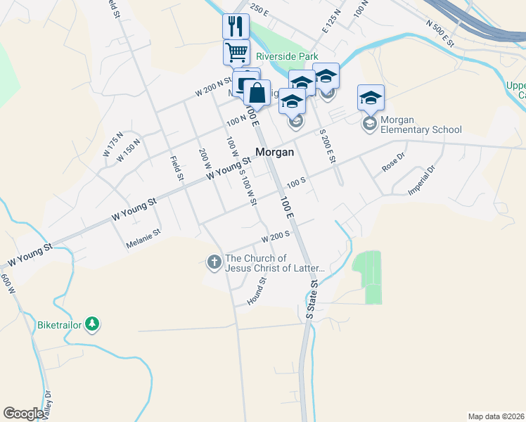 map of restaurants, bars, coffee shops, grocery stores, and more near 125 South 100 West Street in Morgan