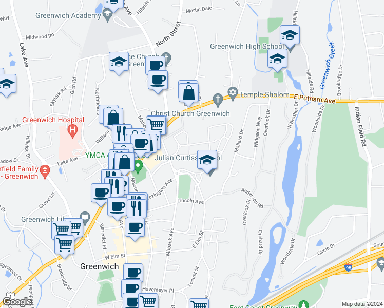 map of restaurants, bars, coffee shops, grocery stores, and more near 98 Putnam Park in Greenwich