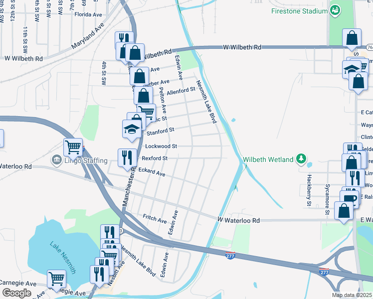 map of restaurants, bars, coffee shops, grocery stores, and more near 400 Lockwood Street in Akron
