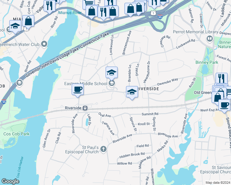 map of restaurants, bars, coffee shops, grocery stores, and more near 51 Hendrie Avenue in Greenwich