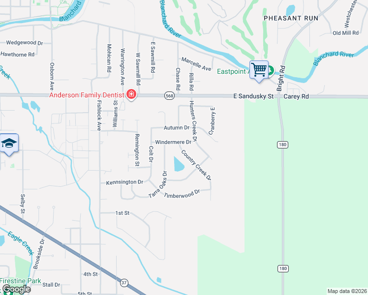 map of restaurants, bars, coffee shops, grocery stores, and more near 1516 Windermere Drive in Findlay