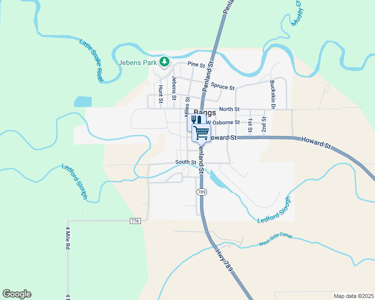 map of restaurants, bars, coffee shops, grocery stores, and more near 10 Miles Street in Baggs