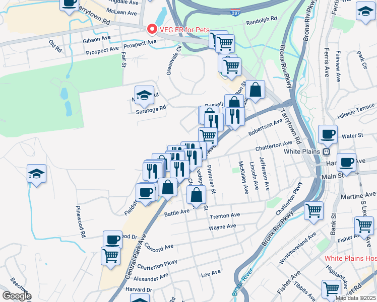 map of restaurants, bars, coffee shops, grocery stores, and more near 37 Fulton Street in White Plains