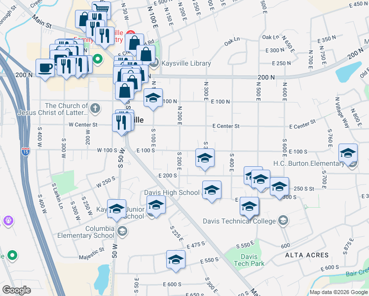 map of restaurants, bars, coffee shops, grocery stores, and more near 93 South 200 East in Kaysville