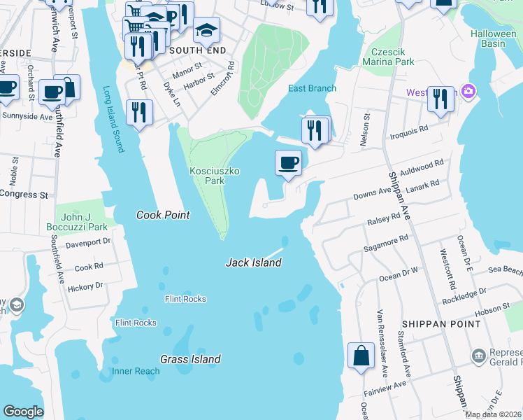 map of restaurants, bars, coffee shops, grocery stores, and more near 290 Harbor Drive in Stamford