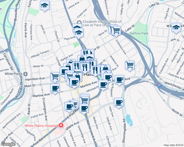 map of restaurants, bars, coffee shops, grocery stores, and more near 1 South Broadway in White Plains