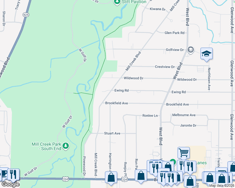 map of restaurants, bars, coffee shops, grocery stores, and more near 851 Ewing Road in Youngstown