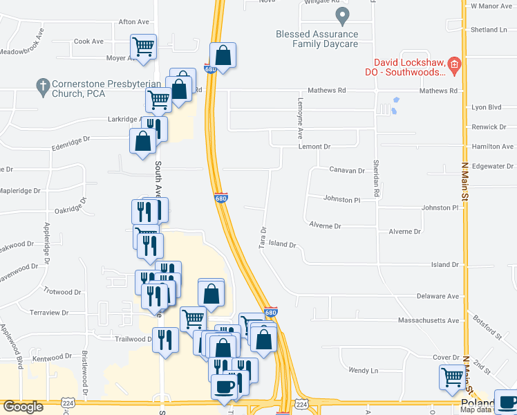 map of restaurants, bars, coffee shops, grocery stores, and more near 6336 Tara Court in Youngstown