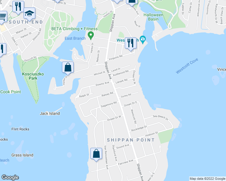 map of restaurants, bars, coffee shops, grocery stores, and more near 1335 Shippan Avenue in Stamford