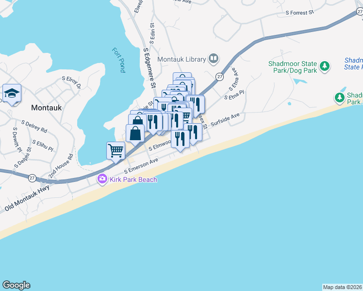 map of restaurants, bars, coffee shops, grocery stores, and more near 55 South Elmwood Avenue in Montauk