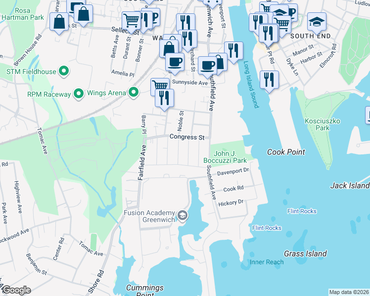 map of restaurants, bars, coffee shops, grocery stores, and more near 36 Congress Street in Stamford