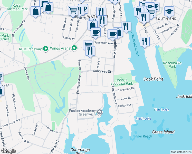 map of restaurants, bars, coffee shops, grocery stores, and more near 70 Congress Street in Stamford
