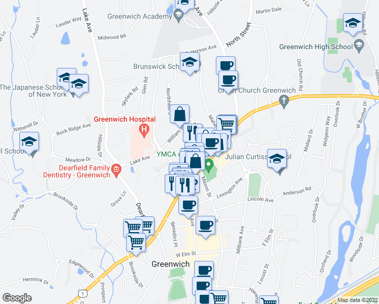 map of restaurants, bars, coffee shops, grocery stores, and more near in Greenwich