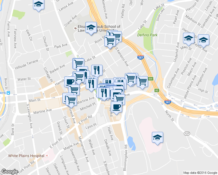 map of restaurants, bars, coffee shops, grocery stores, and more near 1 Broad Parkway in White Plains