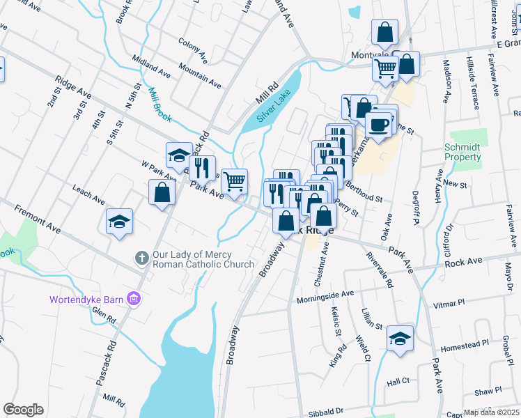 map of restaurants, bars, coffee shops, grocery stores, and more near 23 North Maple Avenue in Park Ridge