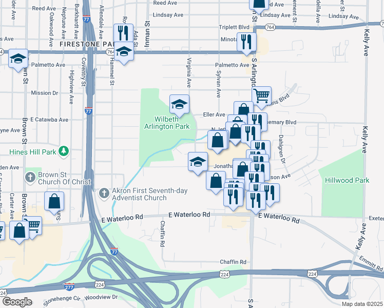 map of restaurants, bars, coffee shops, grocery stores, and more near 846 South Jenkins Boulevard in Akron