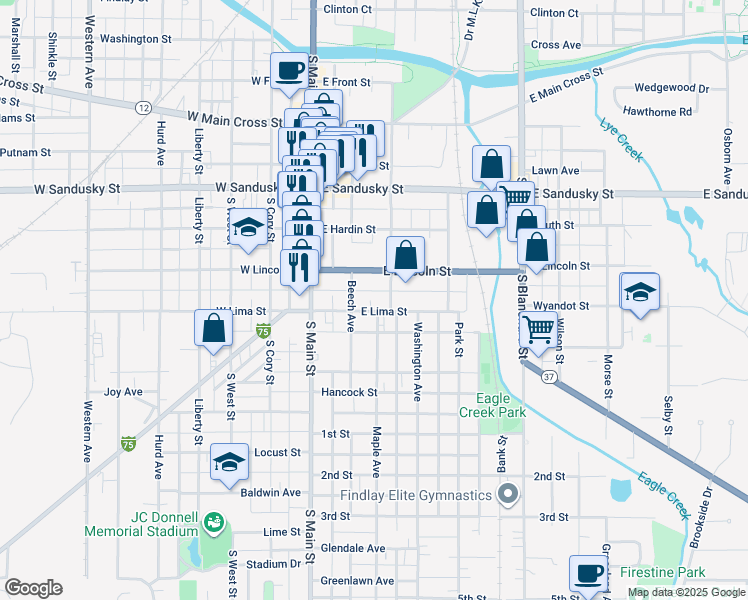 map of restaurants, bars, coffee shops, grocery stores, and more near 231 East Lincoln Street in Findlay