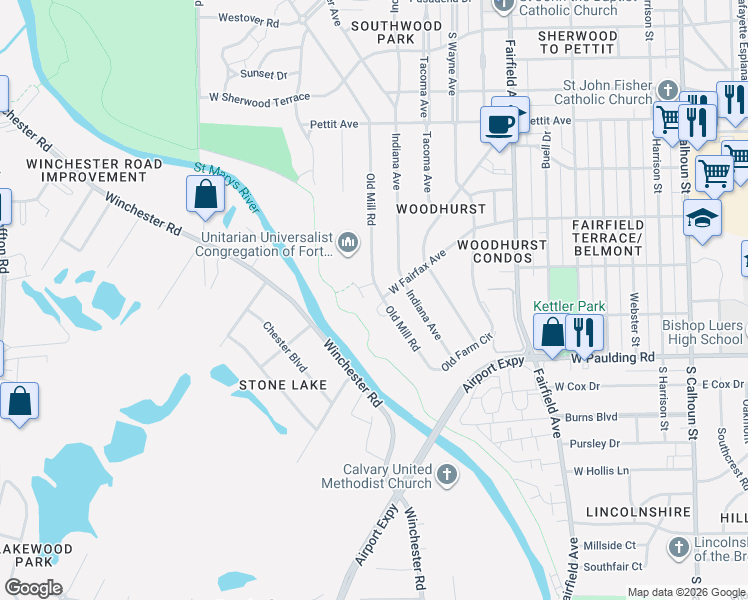 map of restaurants, bars, coffee shops, grocery stores, and more near 1010 Century Court in Fort Wayne