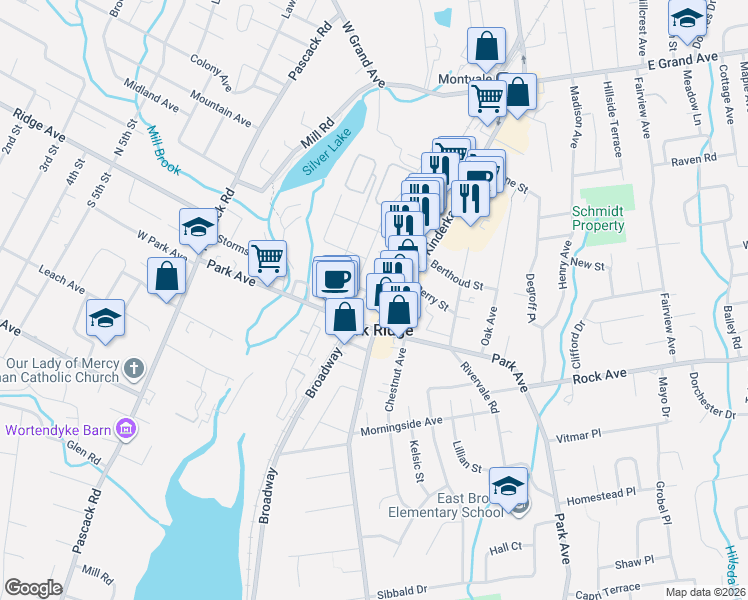 map of restaurants, bars, coffee shops, grocery stores, and more near 75 Madison Avenue in Park Ridge