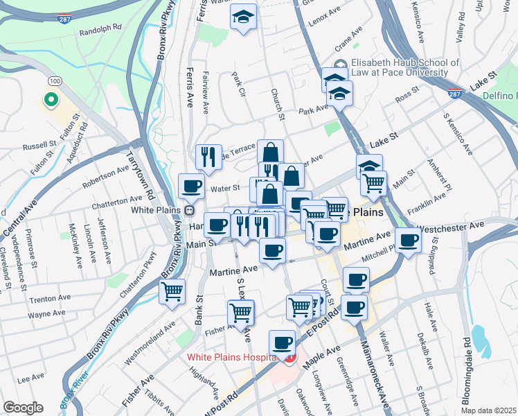 map of restaurants, bars, coffee shops, grocery stores, and more near 9 New Street in White Plains