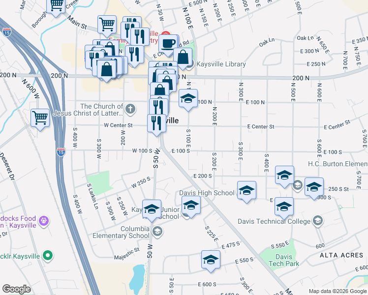 map of restaurants, bars, coffee shops, grocery stores, and more near 87 East 100 South in Kaysville