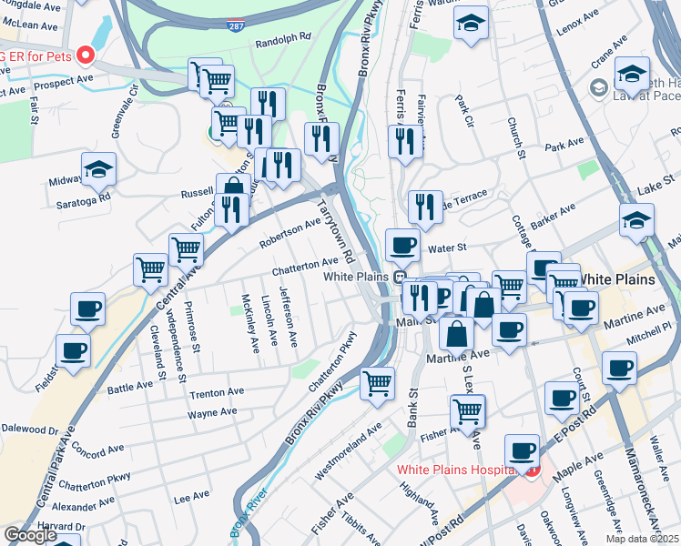 map of restaurants, bars, coffee shops, grocery stores, and more near in White Plains